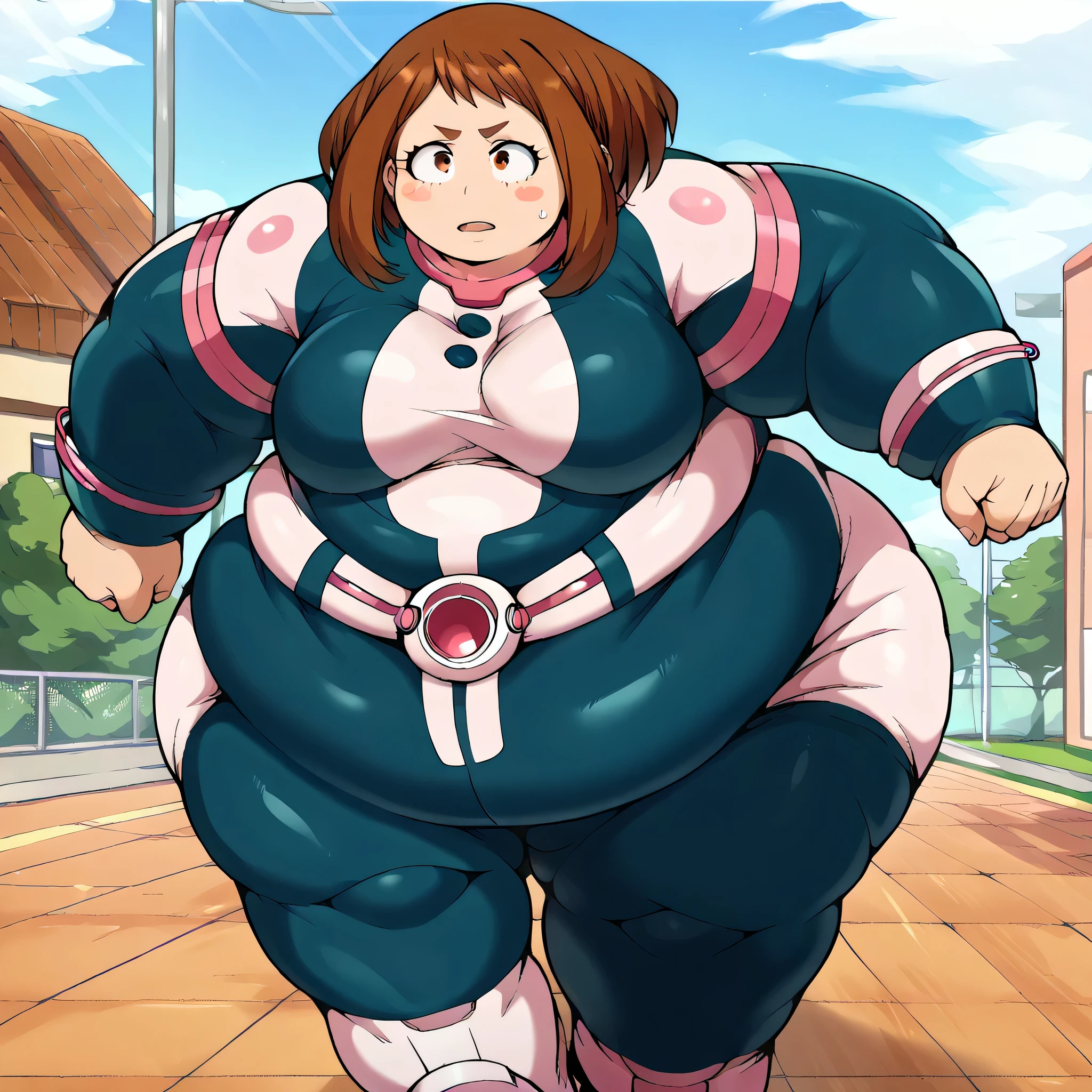 score_9, score_8_up, score_7_up, ochakouraraka, ochako uraraka, brown eyes, brown hair, short hair, blush, blush stickers, hall, running,
hero uniform, fat, chubby, obese, gigantic arms and legs,  