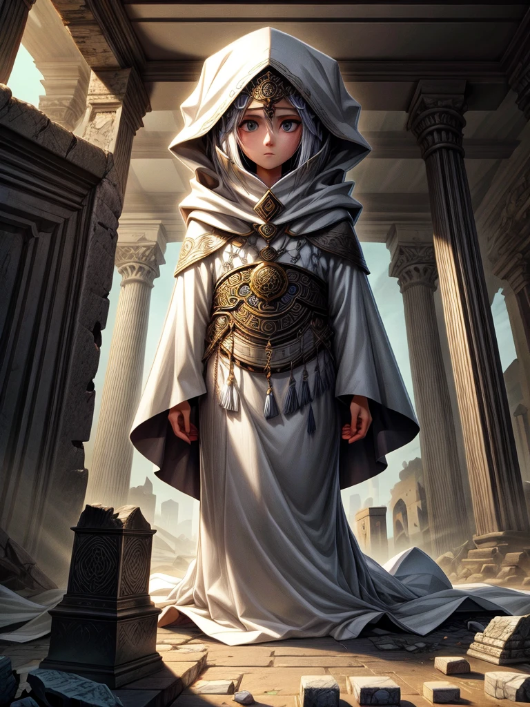 Detailed 8k sacred oracle in white hoodie and cloak covering the body that is located inside the ruins within the ruins