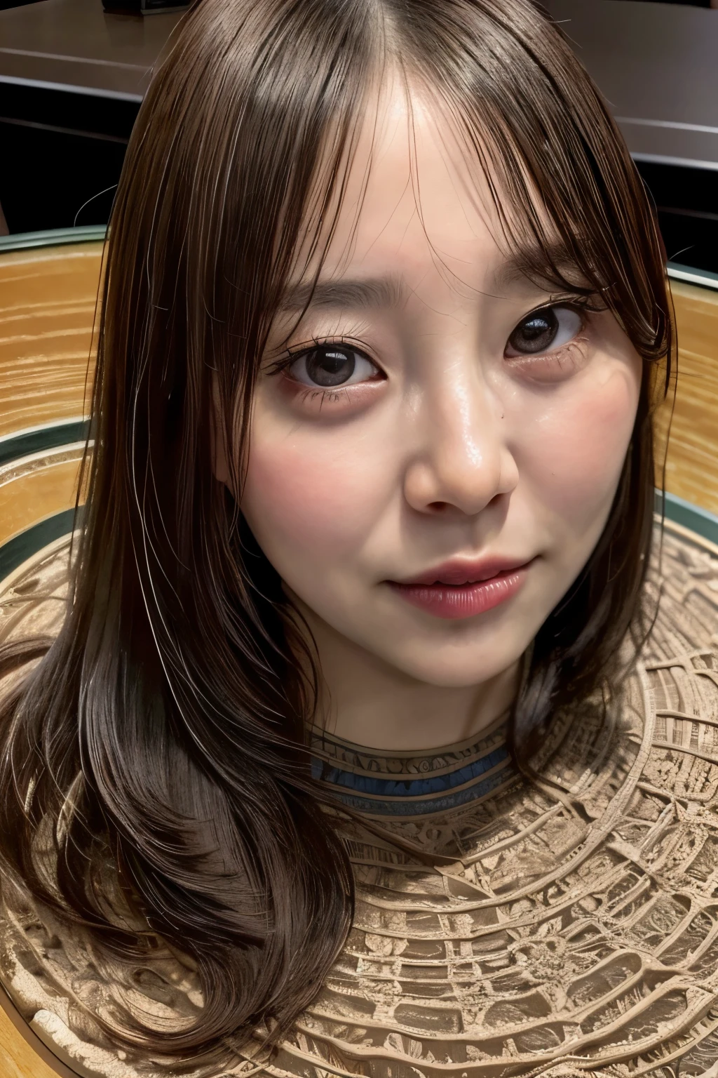 A high resolution photograph of a human head,(realistic,photo-realistic:1.2), (masterpiece, best quality), 8k RAW photo, intricate details, extremely detailed, sharp focus, cinematic lighting, (disembodied head on a table top:1.5), solo, a face of Japanese woman, dark hair, (detailed face, beautiful detailed eyes, sophisticated nose),,, view from below, simple background 