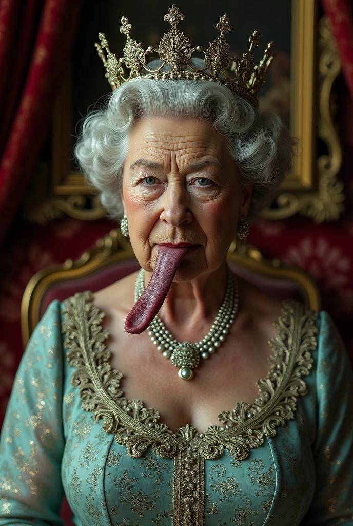 Penis, (((profile side))), facial cum, (deepthroat:1.6), Queen Elizabeth 90yo, (covered in cum on face:1.5), kissing a penis, (in elegant color-coordinated sheer chiffon summer outfits:1.3), (gigantic saggy breast:1.3), (hat and pearls), full body