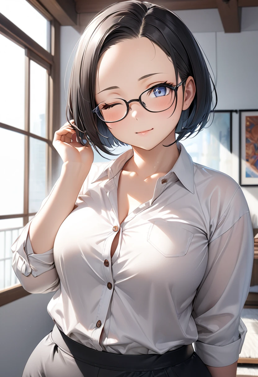 RAWphoto,photorealistic,8k16k,best quality,perfect anatomy,perfect detailed,ultra highres, extremely detailed eyes and face,gleaming skin,shiny skin,1girl,Japanese,black short hair,pixie cut, (wearing glasses:1.3),(parted bangs,forehead:1.2),round face,medium breasts,chubby,thick thigh,huge hip,wearing unbuttoned shirt,sleepy,one eye closed,wink,yarn,standing near big windows,looking at outside,depth of field