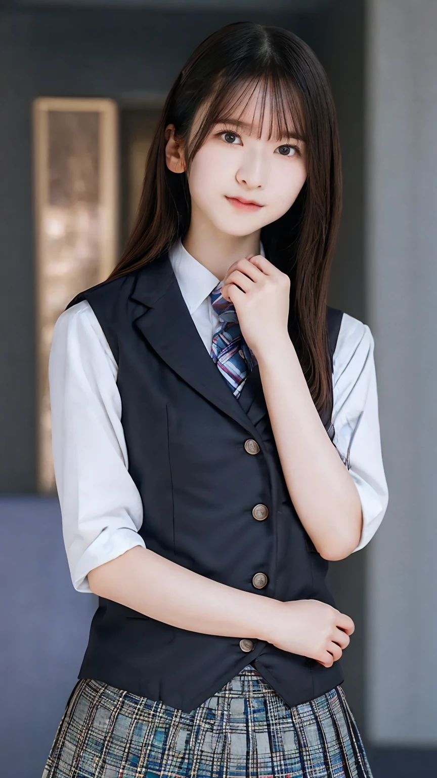  1 girl,no makeup,,  PERFECT BODY ,Hotel Bedroom, short stature , (medium breasts:1.2),Hands Behind Back, blue blouse ,Black vest, blue tie , midi skirt ,smile,Slim body,((18years old):1.3), ,Best Quality,, RAW Photos, Realistic, baby face,cute,  high definition,  Details, Very  Details, extremely  Details eye and 顔, Sharp pupils,  sharp concentration,(cinematic lighting),