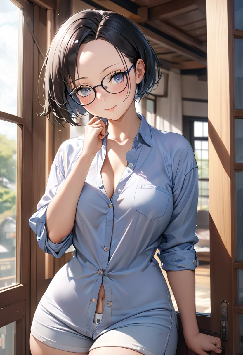 RAWphoto,photorealistic,8k16k,best quality,perfect anatomy,perfect detailed,ultra highres, extremely detailed eyes and face,gleaming skin,shiny skin,1girl,Japanese,black short hair,pixie cut, (wearing glasses:1.3),(parted bangs,forehead:1.2),round face,medium breasts,chubby,thick thigh,huge hip,wearing unbuttoned shirt,sleepy,one eye closed,wink,yarn,standing near big windows,(looking at outside:1.9),depth of field