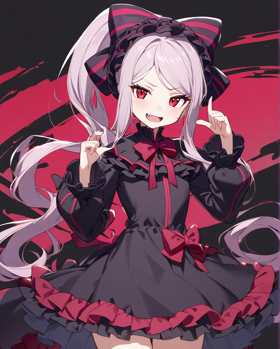 1girl,shalltear bloodfallen,long hair,ponytail,red eyes,(glowing eyes:0.5),bow,black dress,frilled dress,long sleeves,fang,cowboy shot,fingersmile,looking at viewer,simple background,ⅾark background 