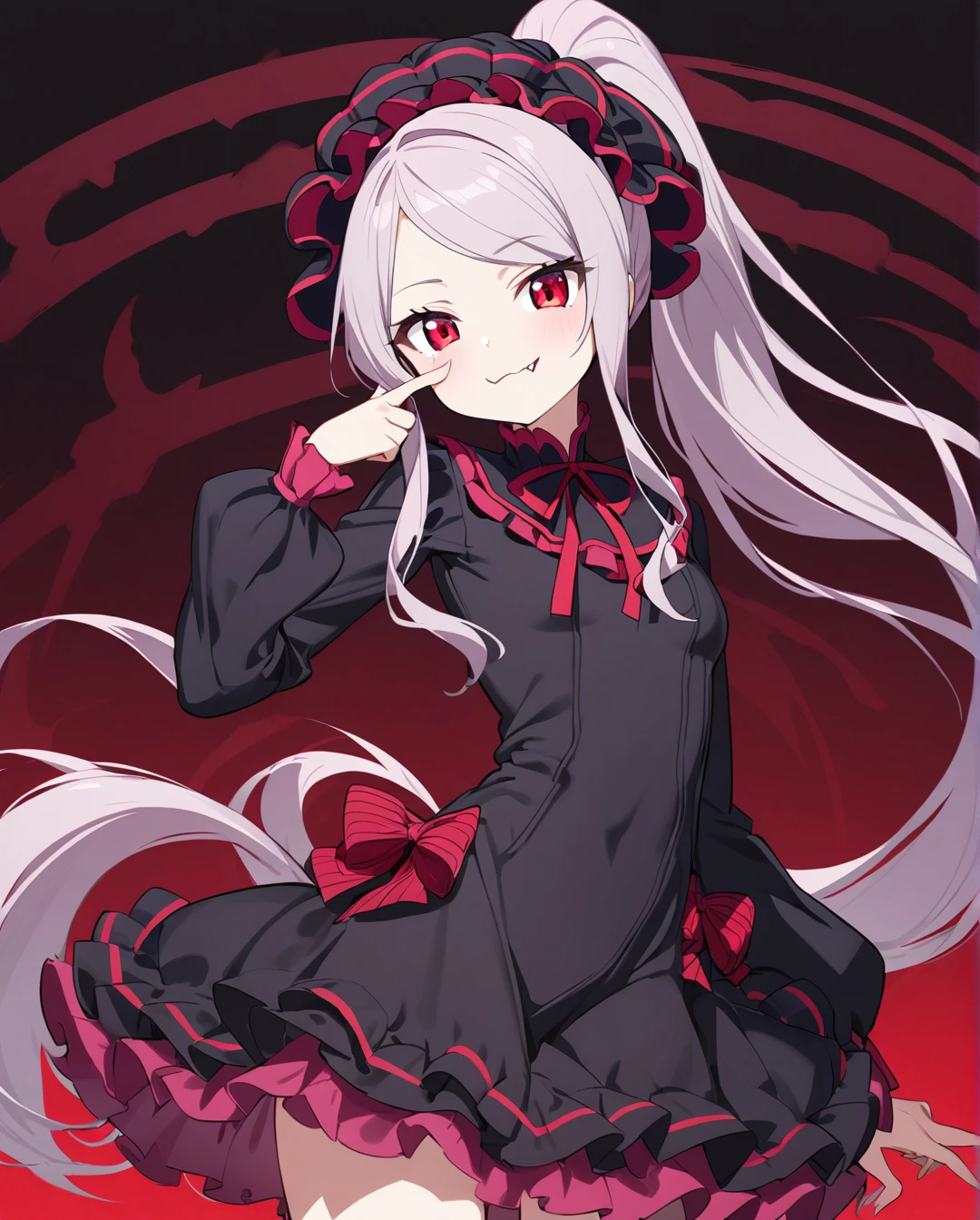 1girl,shalltear bloodfallen,long hair,ponytail,red eyes,(glowing eyes:0.5),bow,black dress,frilled dress,long sleeves,fang,cowboy shot,fingersmile,looking at viewer,simple background,ⅾark background 