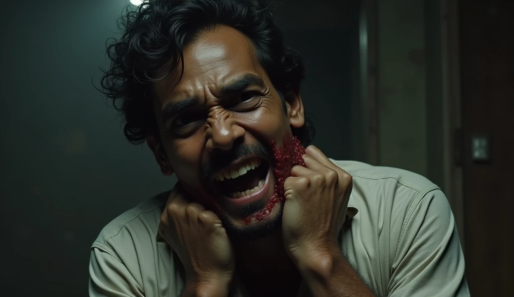 A creepy white horror pakistani psychopath boy with normal beard and mullet hairstyle with faded sides of age 21 smiling with blood all over him written JAHAZ MUST DIE on his shirt in a dark place