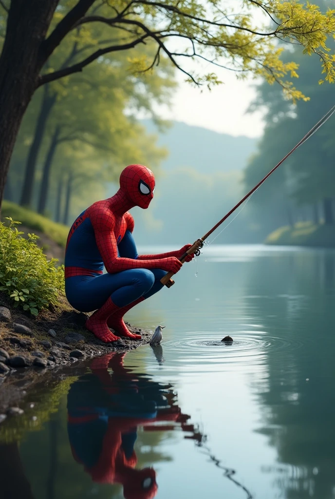 Spiderman fishing with net