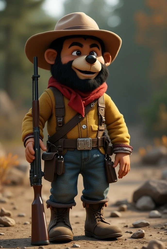 A gold miner style mascot for the Francisco 49ers, wearing 49ers colors and 49ers symbol but the face being the pirate from the raiders symbol with an eye patch and black raiders pirate hat
