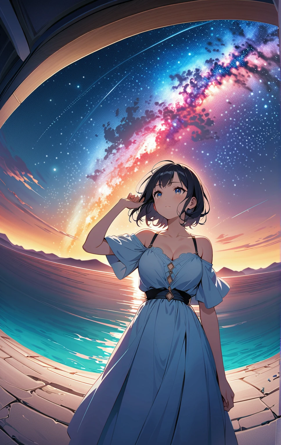 Official Art, Detailed wallpaper,Integrated 8K wallpapers,  very detailed,  masterpiece,  best image quality，Ultra Wide Angle，night， girl bust up,Clear your face ，Standing by the salt lake，The water is like a mirror，Reflecting the sky,Look up at the sky，The Milky Way is in the sky， Dynamic Angle, Grace,  bright color