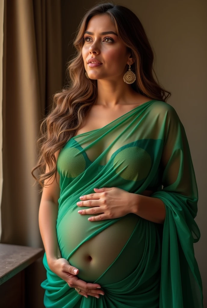 anusha bhatia in a green dress, aishwarya rai, very seductive pose, draped in fleshy green and pink, portrait of priyanka chopra, indian super model, fully covered in drapes, sexy :8, actress, satin, stunning elegant pose, posing!!, photoshoot, glamorous pose, solo photoshoot, sensuous, provocative indian, gorgeous woman, indian, 500R, canon, fujifilm, nikon, kodak, ((highly detailed )), ((realistic )), bokeh background, heavily pregnant, huge pregnant belly that bulges out like a basketball 