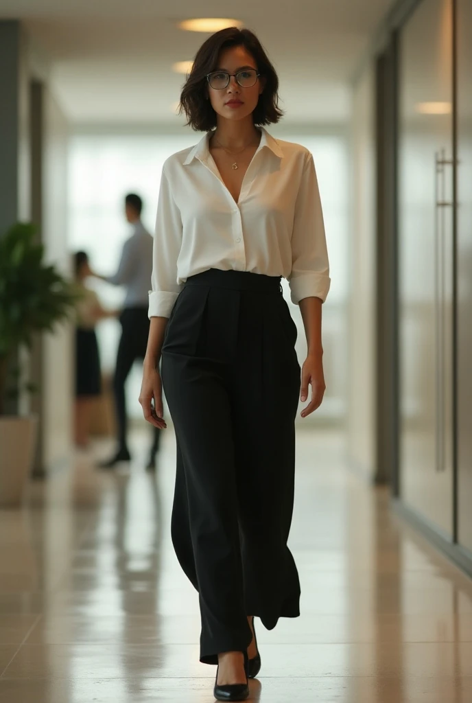 high angle kodachrome photo of a short office girl standing in a bright office near panaramic window, wearing white blouse andblack pants, top button opened, super thick highlighted hair, big round eyes, drammatic makup, arrogant look, arched back, French manicure, best quality, ultra high res, photorealistic, masterpiece, pure_eros_face, blemish, (acne:1.1), 135mm, nikkor, f2.8, bokeh