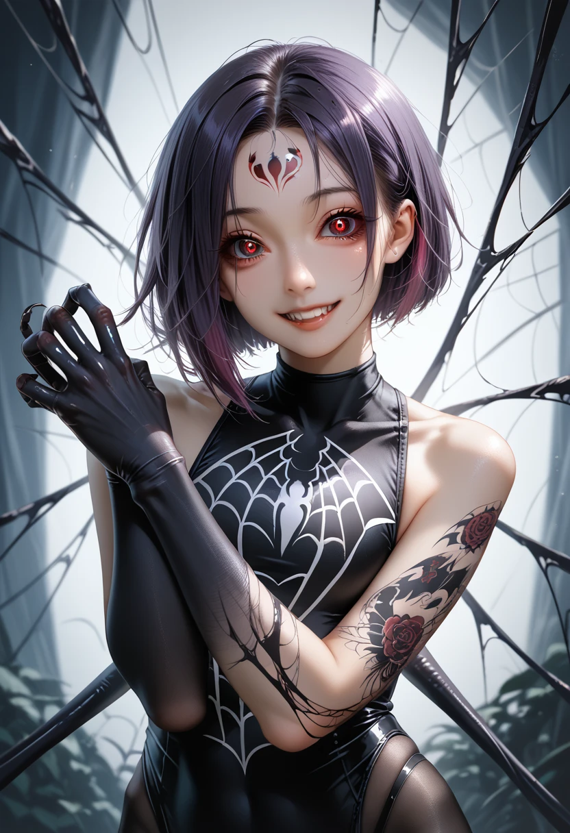 (Girl fused with a spider).  Succubus-style. Leg of an insect. spider motif. spider web pattern. Black and purple hair. Two-tone hair. Shoulder. Short hair. High legs. Body tights. Sharp claws. Spider eyes on the forehead. Spider web tattoo around the eye. Black paint hands. Yandere Smile.