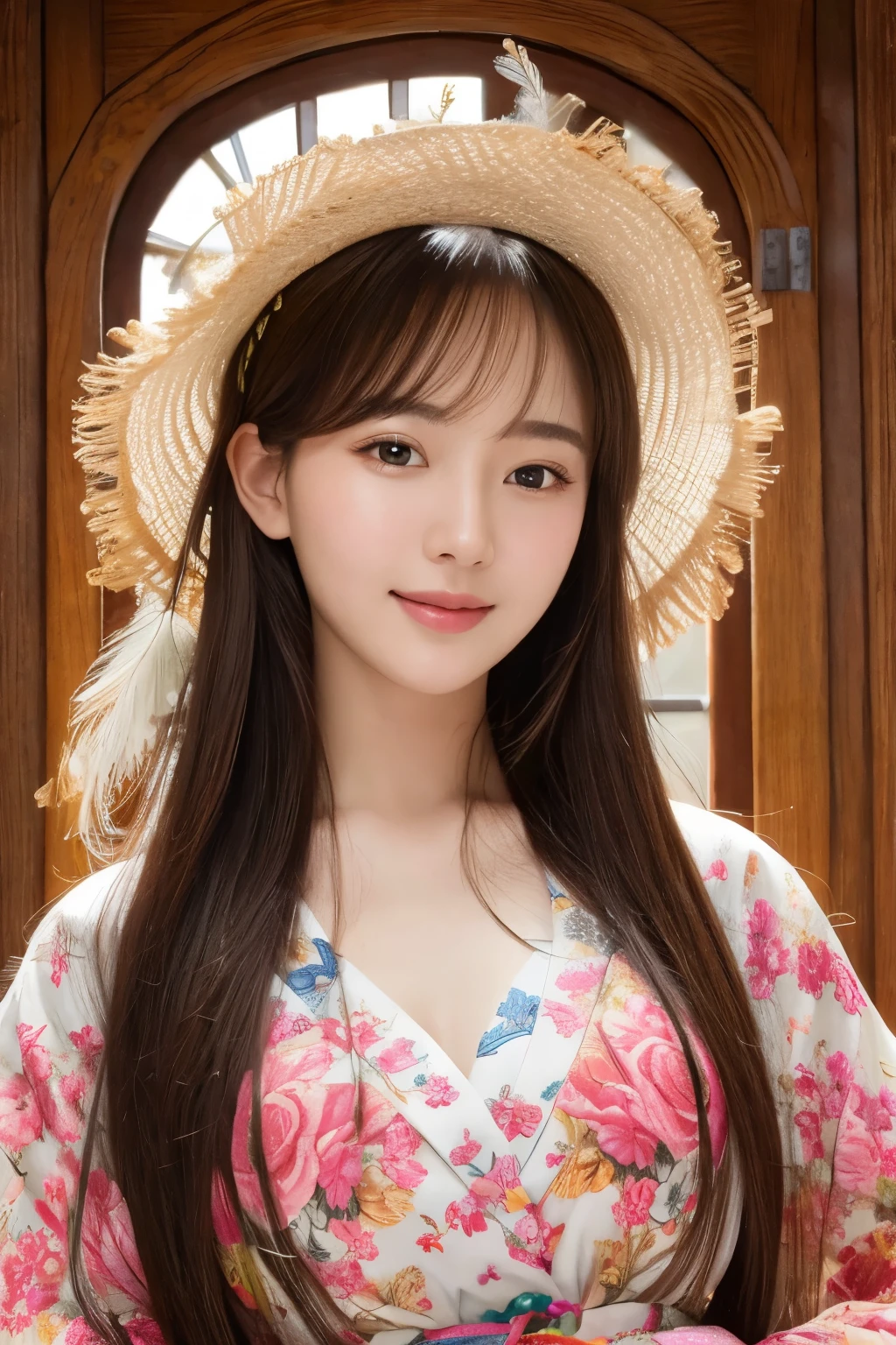 (masterpiece、highest quality、highest quality、official art、beautiful beautiful:1.2)、(1 girl)、very detailed、(fractal art:1.3)、colorful、most detailed,(Pose with movement:1.4)、Details Beautiful and delicate features、Beautiful details and delicate eyes、very fine resolution, (symmetrical eyes:1.3),((japanese hair)),((natural smile)),Floral,feather