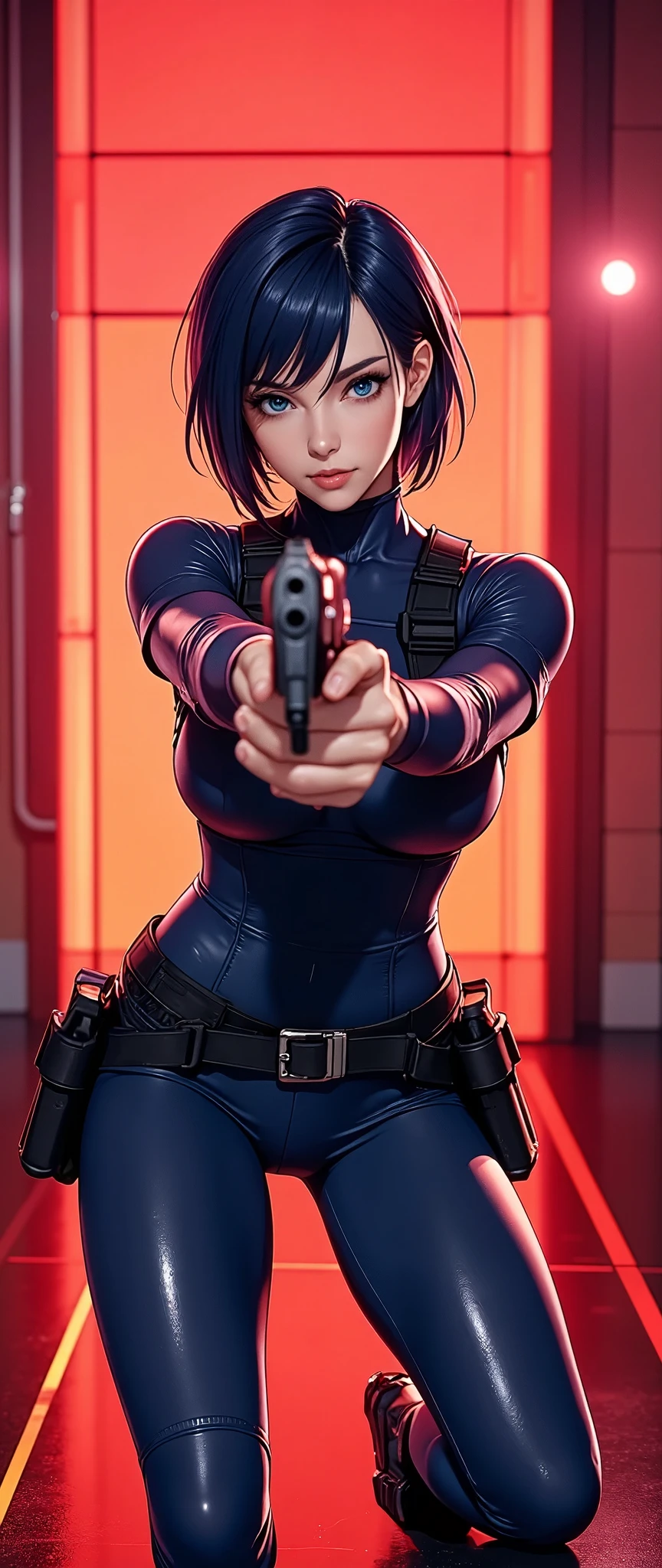 (masterpiece:1.2,Outstanding quality,Mirror finish, A movie-like experience , best illustration :2.0,Super detailed),8k,wallpaper,( one woman:2.0),(  Ghost in the Shell Worldview  :2.0),( navy tactical bodysuit :2.0),( heavy navy bulletproof vest :2.0),(navy gloves :2.0),(Short Hair:2.0),(Navy blue hair:2.0),( beautiful eyes),( detailed face:2.0),(Delicate female fingers:2.0),( super sexy:2.0),(Stand on one knee and point your handgun at the camera:2.0),(Raise your right knee:2.0)(square shaped red hologram line wall :2.0),( square shaped red hologram line floor :2.0),( Cyberworld :2.0),(SF:2.0),(  cyberpunk:2.0),(front:2.0),(Close-up of the gun barrel :2.0),(Serious:2.0)( Anime Artwork:2.0),( beautiful gradation:2.0)