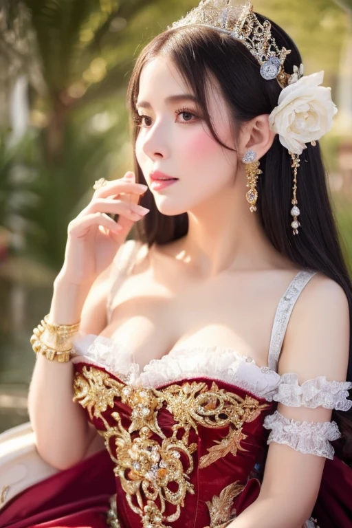 a close up of a woman in a dress and tiable, rococo dress, ethereal fairytale, ethereal fantasy, a beautiful fantasy empress, fantasy dress, ((a beautiful fantasy empress)), rococo queen, beautiful fantasy maiden, fairycore, ornate cosplay, belle delphine, fantasy outfit, portrait of magical lolita girl, rococo cyberpunk, lolita fashion