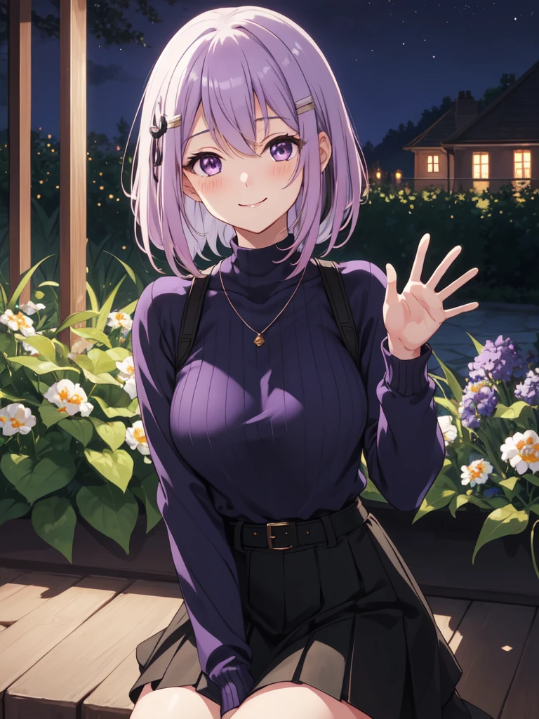 masterpiece, Best Quality,  is anatomically correct, 1 girl, solo, Purple Hair, Bob Hair, Slanted Eyes,Light purple eyes, Blushing , seductive smile, close one eye, illustration where they are five tall and show off their ,Beautiful breasts, small breasts,white crewneck sweater, black skirt,Black belt,Black choker, hair clip that invites you with your hand,  cool vibe , elegant atmosphere , friendly vibe, on your lap,Waving, simple background , garden,Moonlit Night