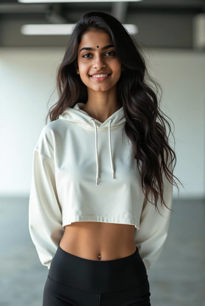 Elenna con leggings blanco, blusa corta negra con saco, sonriente con cara muy linda y perfecta, caminando en salin de cine con cuerpo muy sensual y se ve de cuerpo completo