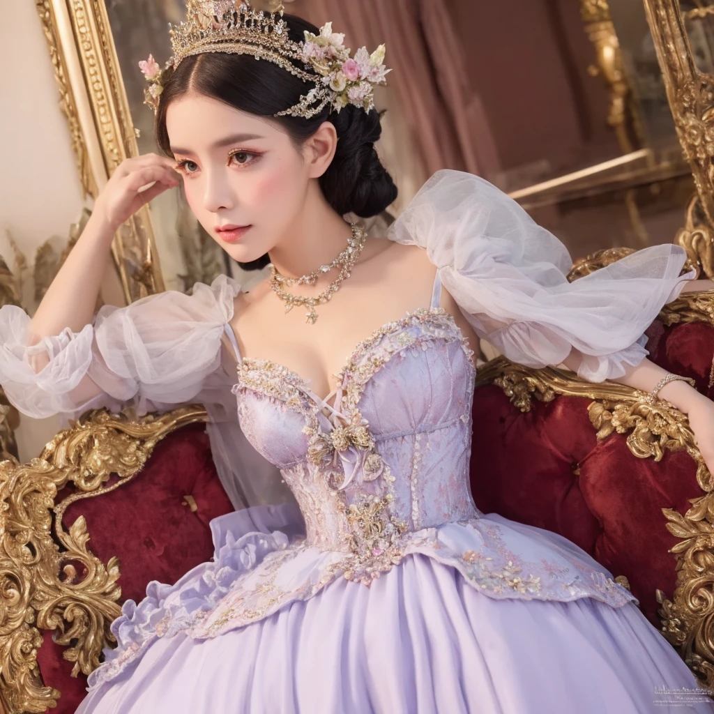 a close up of a woman in a dress and tiable, rococo dress, ethereal fairytale, ethereal fantasy, a beautiful fantasy empress, fantasy dress, ((a beautiful fantasy empress)), rococo queen, beautiful fantasy maiden, fairycore, ornate cosplay, belle delphine, fantasy outfit, portrait of magical ta girl, rococo cyberpunk, loliashion