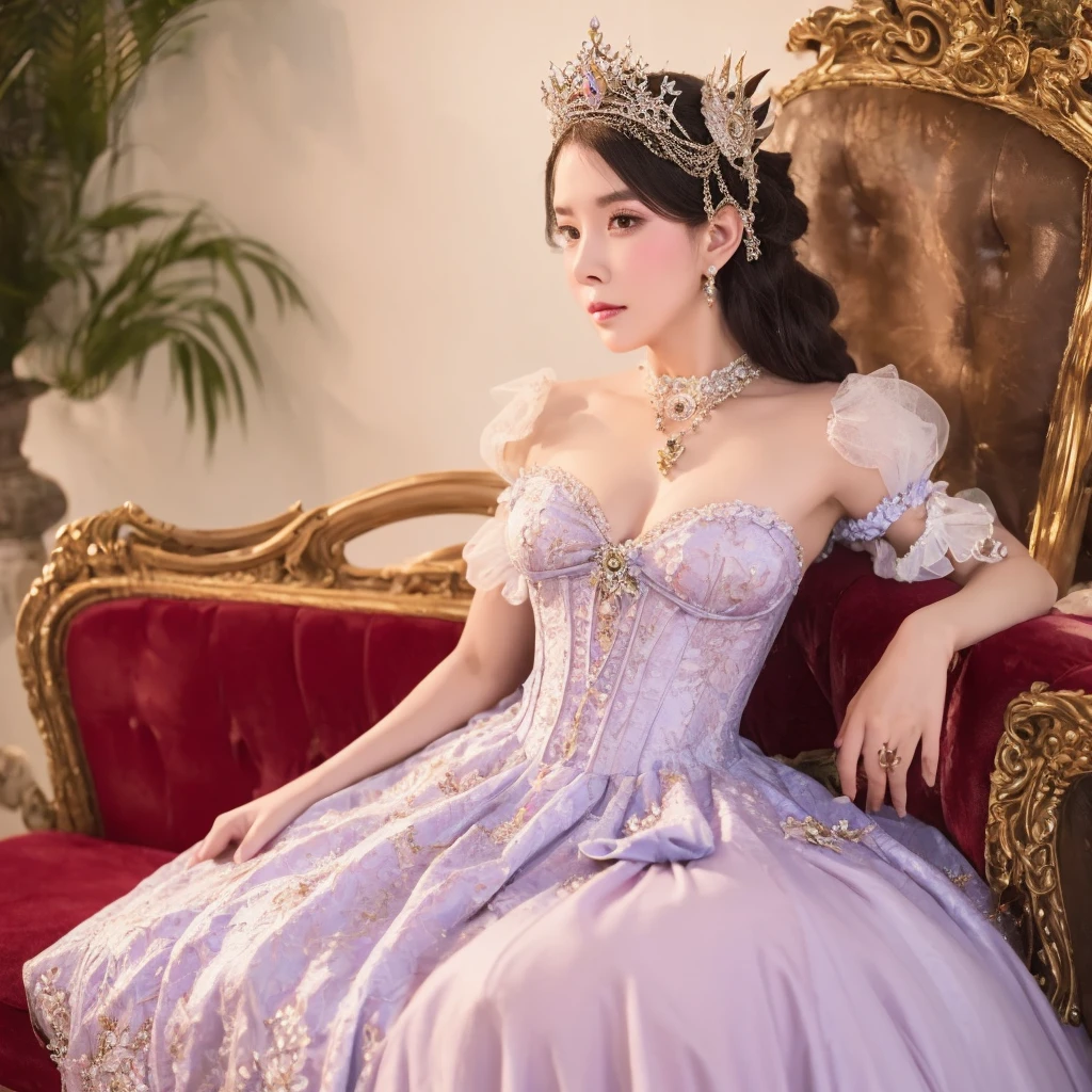 a close up of a woman in a dress and tiable, rococo dress, ethereal fairytale, ethereal fantasy, a beautiful fantasy empress, fantasy dress, ((a beautiful fantasy empress)), rococo queen, beautiful fantasy maiden, fairycore, ornate cosplay, belle delphine, fantasy outfit, portrait of magical ta girl, rococo cyberpunk, loliashion