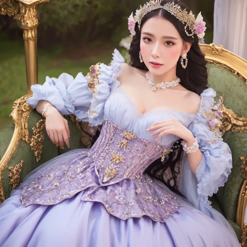 a close up of a woman in a dress and tiable, rococo dress, ethereal fairytale, ethereal fantasy, a beautiful fantasy empress, fantasy dress, ((a beautiful fantasy empress)), rococo queen, beautiful fantasy maiden, fairycore, ornate cosplay, belle delphine, fantasy outfit, portrait of magical lolita girl, rococo cyberpunk, lolita fashion