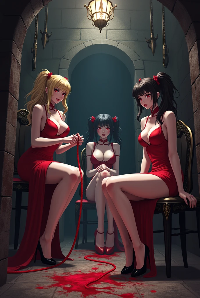 attractive woman, black hair, you forger, licking knife, having weapon golden stiletto-type, wearing black fit dress, open chest, attractive , slim hands, red eyes, woman, attractive face, proud smile, open legs, wearing high dark over knee boots, yellow knife, beautiful eyelashes, beautiful lips, dark red Japanese room style, royal place, hair pulled up in the back without braiding, form-fitting halter-style black dress, royal chandelier, royal carpet house, golden rose on headband, hot woman, blushing lines, still look of kill, blood on shoulders, open shoulders, sitting on knees, knees open, licking knife,