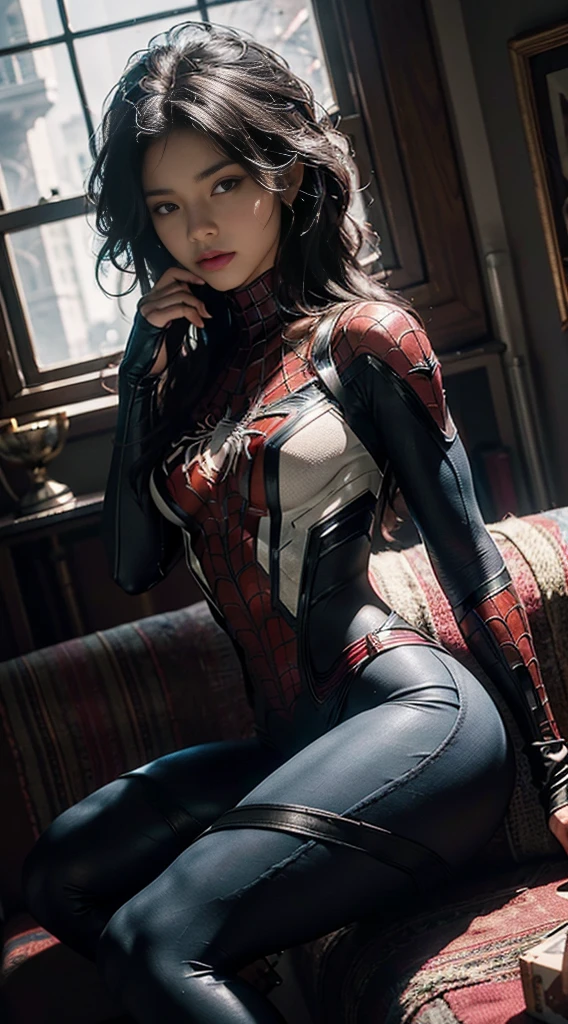 (Extremely detailed CG Unity 8K wallpaper, masterpiece, best quality), (Exquisite light and shadow, Very dramatic picture, Lens effects), a girl in a white spiderman costume, silver gray hair color, from the spiderman parallel universe, Wenger, Miracle, spiderman, Sitting on the sofa, dynamic poses), (Excellent details, Excellent lighting, wide angle), (Excellent rendering, Enough to stand out among similar products), focus on white spiderman costumes, complex texture