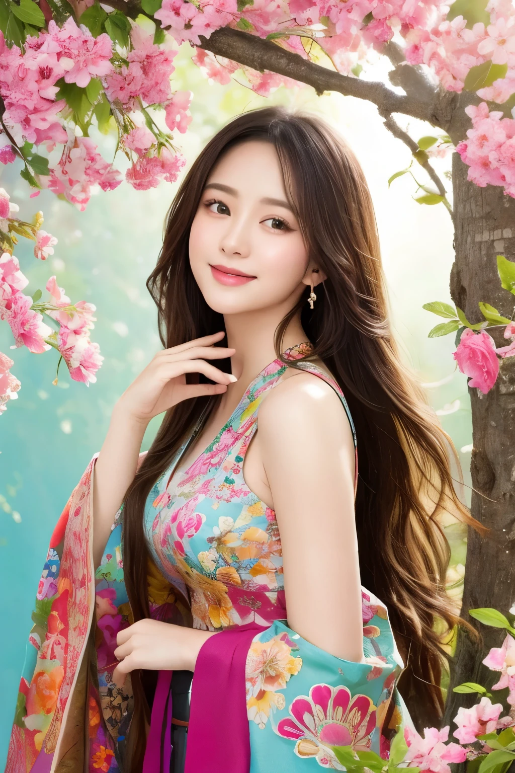 (masterpiece、highest quality、highest quality、official art、beautiful beautiful:1.2)、(1 girl)、very detailed、(fractal art:1.3)、colorful、most detailed,(Pose with movement:1.4)、Details Beautiful and delicate features、Beautiful details and delicate eyes、very fine resolution, (symmetrical eyes:1.3),((japanese hair)),((natural smile)),Floral,feather