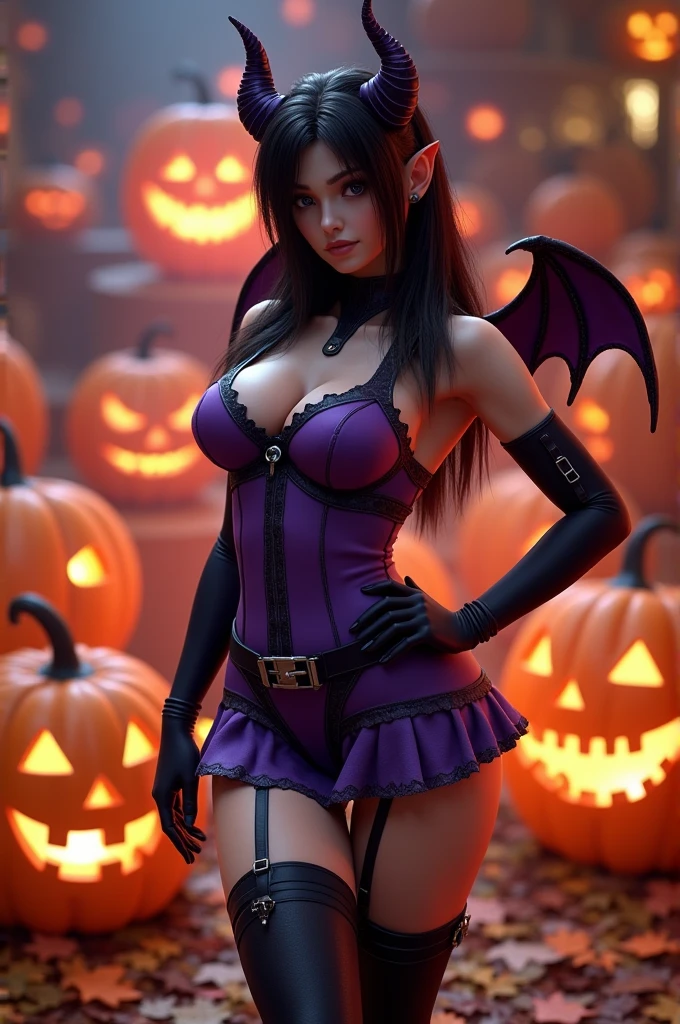 tmasterpiece, beste-Qualit, ((25-year-old girl)), ((tight red demon suit with red horns on his head)), Perfect 1Girl, black hair, faint smile, extra very long hair, accentuated breasts, (blood:1.3), (blood splash:1.3), ((Shiny snow-white skin)), 3d rendered character art 8 K, trending on cgstation, A detailed eye, symmetric eyes, ((Huge purple eyes)), a perfect face, the perfect body, Halloween atmosphere, (intricate details:0.9), (HDR, hyper-detailing:1.2), (natural skin textures, hyper realisitc, soft light, Sharp), (Intricate Detail 1.5), In an abandoned warehouse where there are a lot of carved pumpkins, Lots of neon consecration.