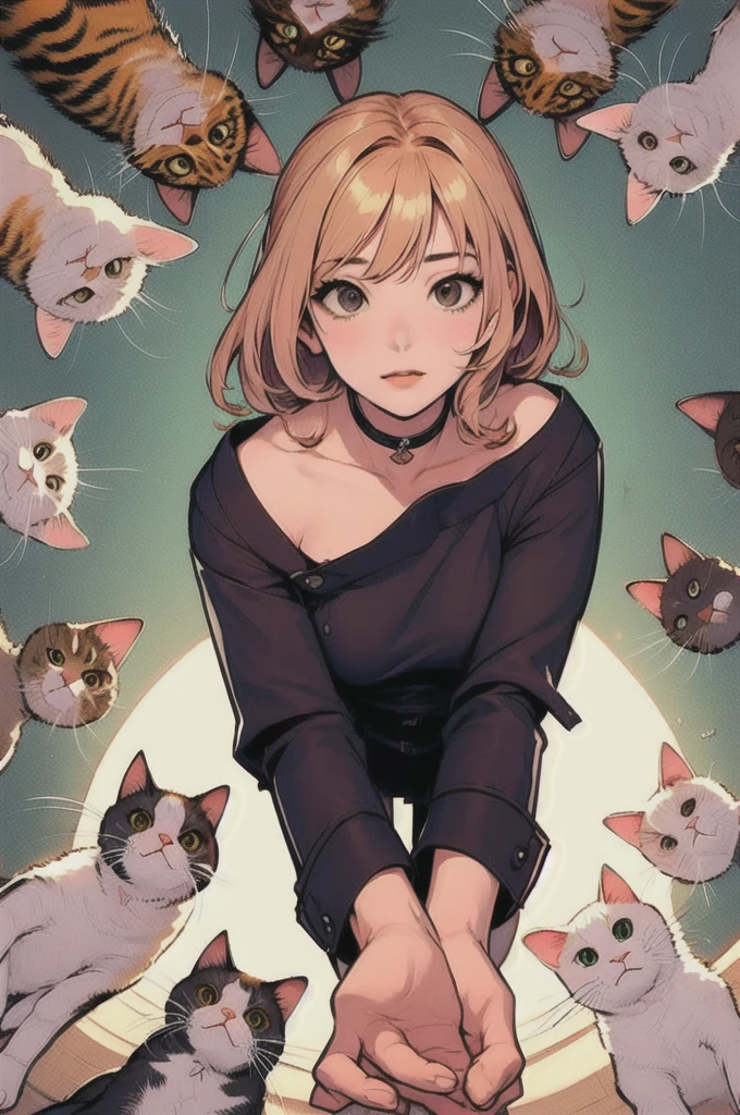 (masterpiece, best quality), 1girl,    surrounded by cat,