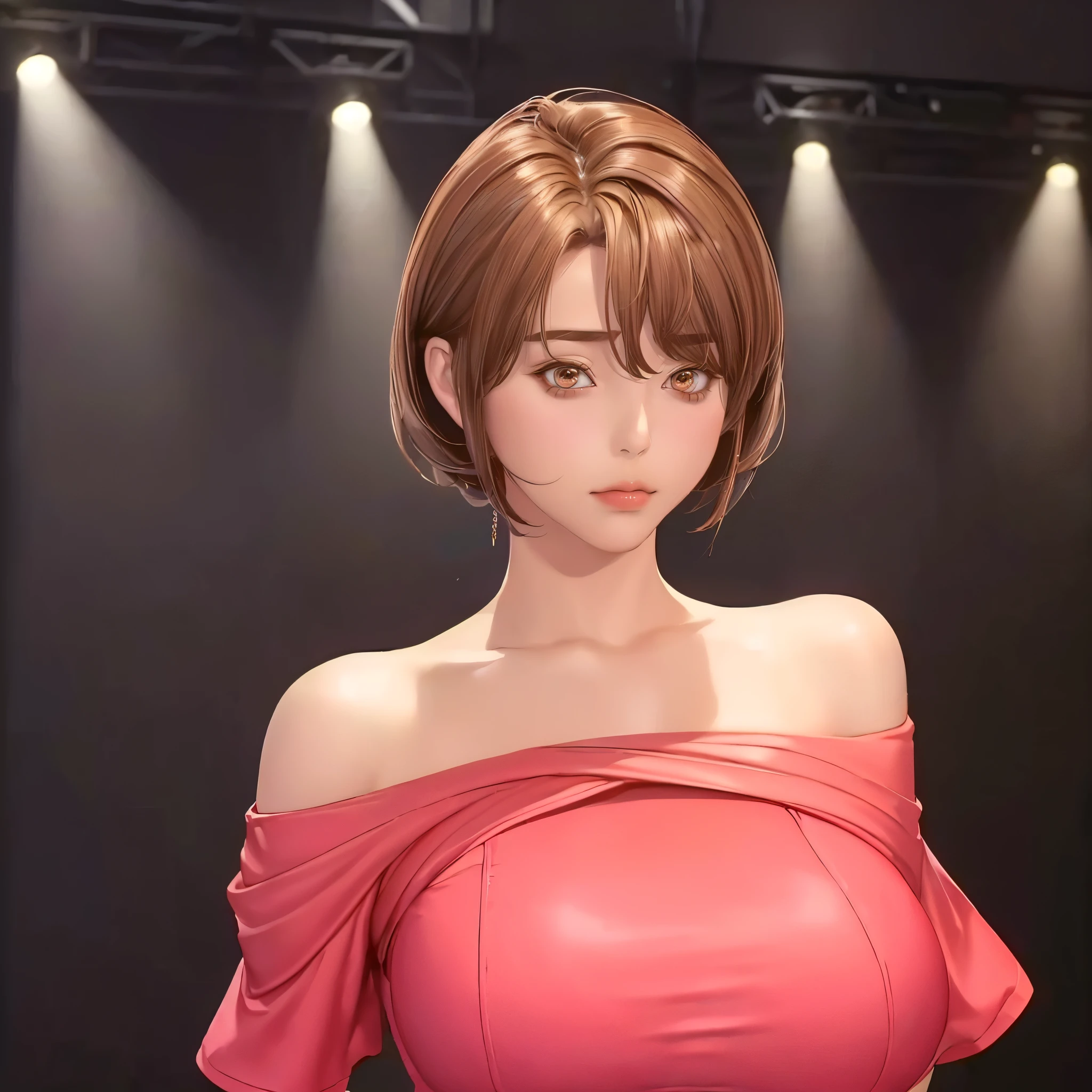 (（（figure，御姐figure,White and tender skin,（（（red hip wrap dress，Short sleeve，Off Shoulder，Black stockings）））,(（（Soridef，brown eyes，brown hair，short hair,））),，((masterpiece)), highres icon,((Best quality at best)),masterpiece,quality,Best quality,(（（  to the audience,Light in the eyes）））,Huge breasts,苗条figure,）））