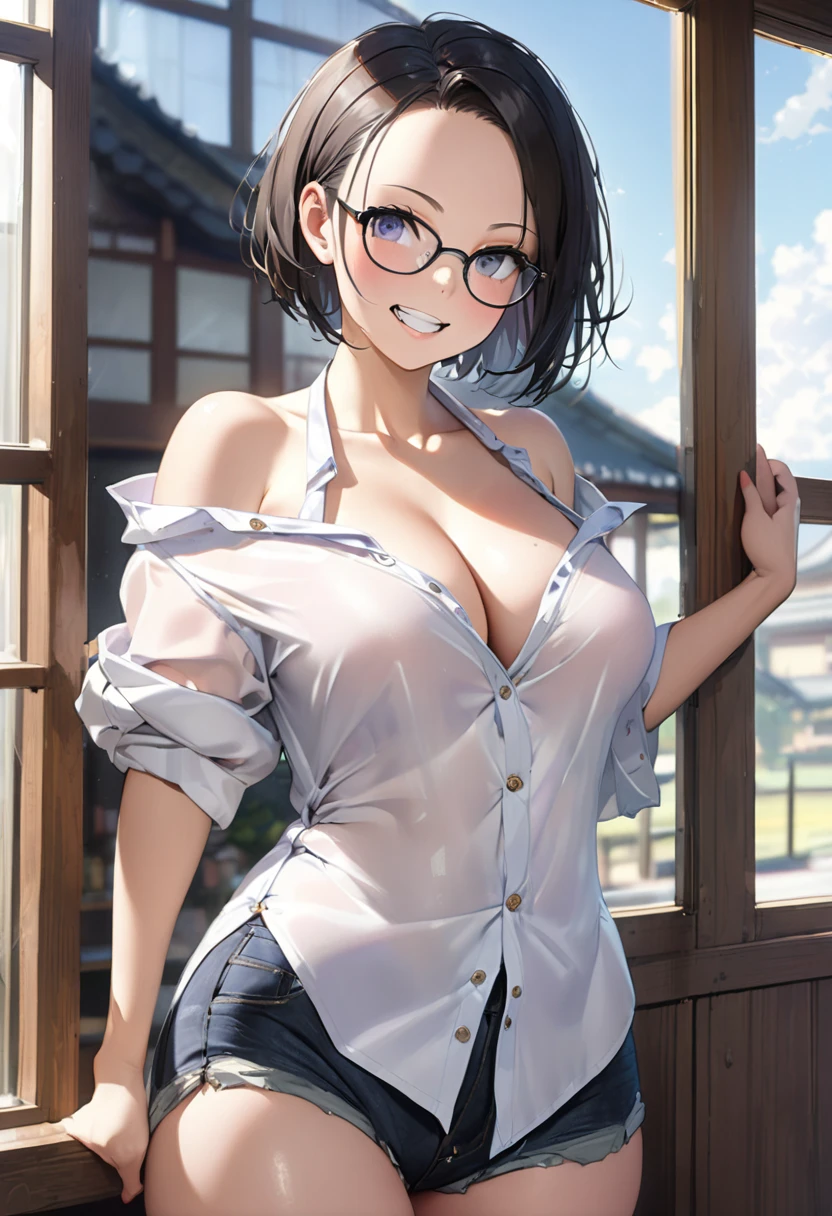 RAWphoto,photorealistic,8k16k,best quality,perfect anatomy,perfect detailed,ultra highres, extremely detailed eyes and face,gleaming skin,shiny skin,1girl,Japanese,black short hair,pixie cut, (wearing glasses:1.3),(parted bangs,forehead:1.2),round face,medium breasts,chubby,thick thigh,huge hip,wearing unbuttoned shirt,oversize,bare shoulder,cleavage cutout,undone clothing,big smile,open mouth widely,clenched teeth,standing near big windows,(looking outside:1.9),depth of field,from side