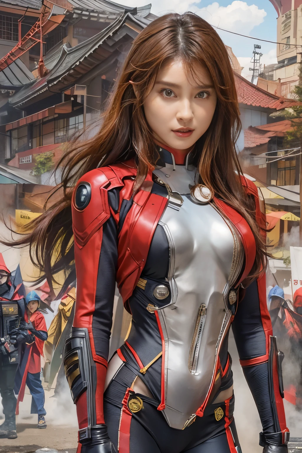 Japanese actress, Tao Tsuchiya, She plays Black Widow in a red costume (cyborg) From Marvel Comics, The Avengers' battlefield is in the background, Fantasy Setting,  Dynamic Poses , Character Concept,  Character Art ,  character portraits from Marvel Comics, masterpiece,  best quality,  highest resolution , 8k,  adds richness to the overall composition .  This art depicts an unrealistic portrait . Full nudity with emphasis on big breasts , 体から大きくはみ出した張りのある大きいchest,chest:1.12,  erect nipples :1.4,  slim and tight waist ,  trained abs ,  big round ass , Brown and little pubic hair ,  erect, bink-colored clitoris ,  brown, very big, beautiful, slender eyes: 1.7, Smooth egg-shaped face line,  medium hair up to shoulder, Eight-headed body with long legs,  ideal and attractive body line,  pose showing off a beautiful body line with big boobs sticking out like a gravure model and putting hands on the waist,  Thin Special Rubber Costume , The thin costume shows off a beautiful body line with big boobs sticking out like a gravure model that shows off the shape of the clitoris on the nipples ,  Free, A nervous expression before the battle,  close-up portrait , 