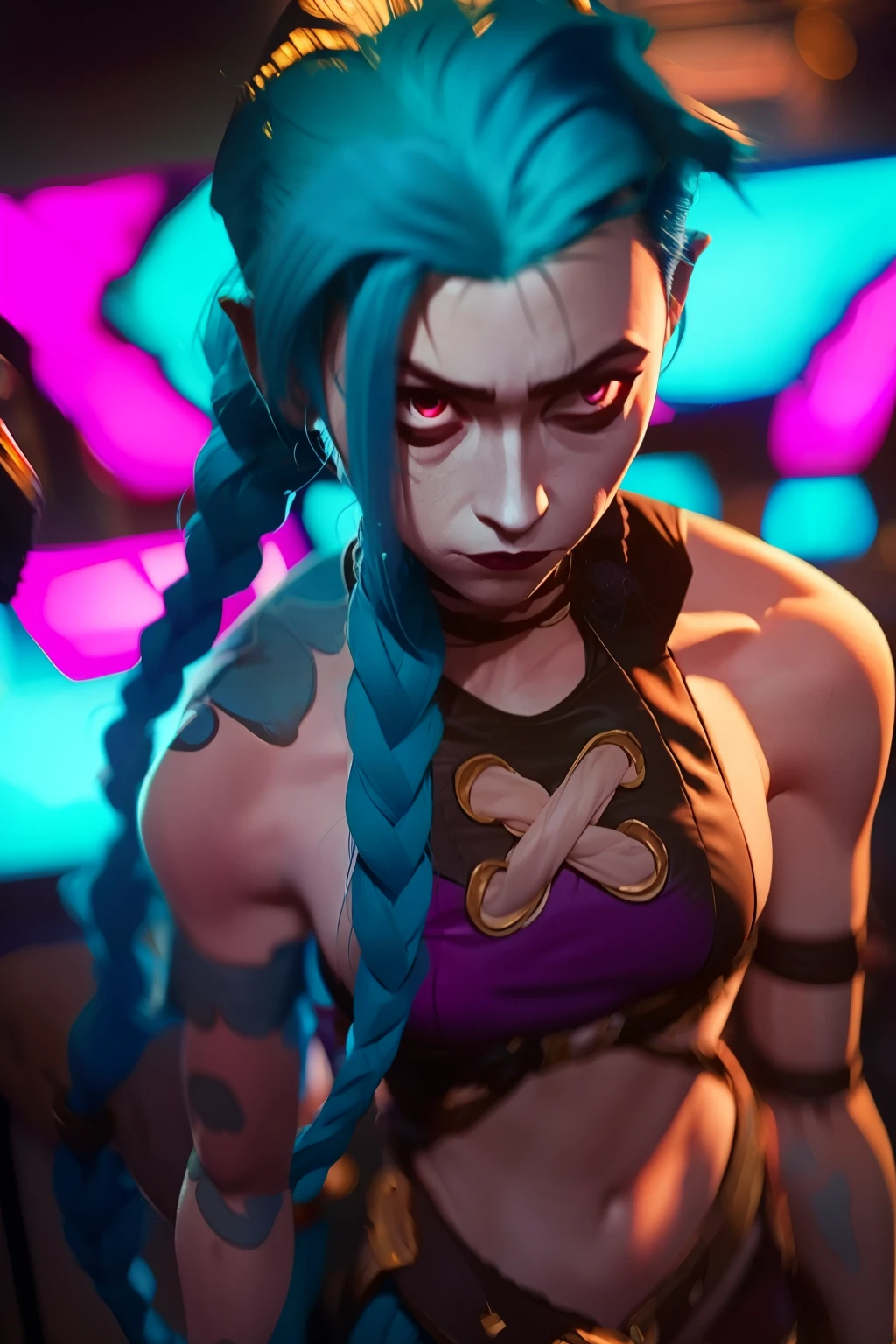 (masterpiece, best quality:1.2), 1girl, solo, Jinx, wearing a Jinx Arcane Costume, blue hair with two long twin braids detailed. Neon graffiti Background.