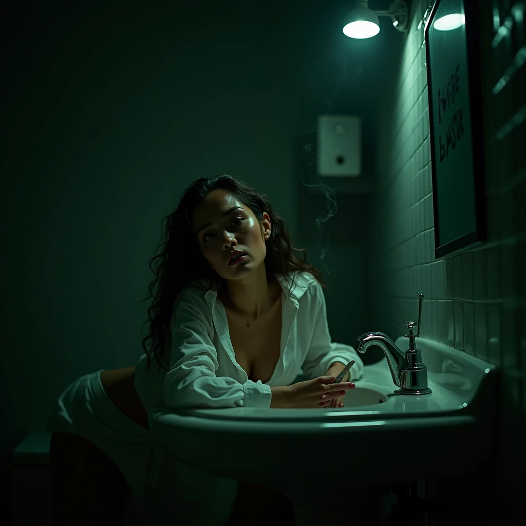A picture of woman smoking on the dark messy room, window open with the light of moon