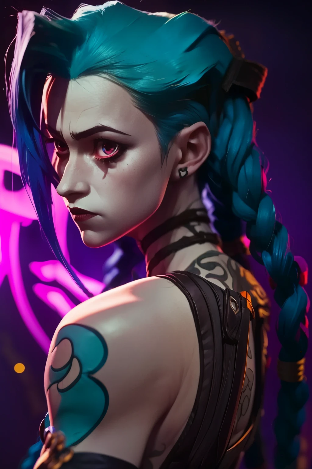 (masterpiece, best quality:1.2), 1girl, solo, Jinx, wearing a Jinx Arcane Costume, blue hair with two long twin braids detailed. Neon graffiti Background.