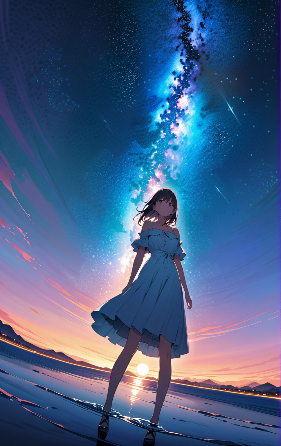 Official Art, Detailed wallpaper,Integrated 8K wallpapers,  very detailed,  masterpiece,  best image quality，Ultra Wide Angle，night， girl bust up,Clear your face ，Standing by the salt lake，The water is like a mirror，Reflecting the sky,Look up at the sky，The Milky Way is in the sky， Dynamic Angle, Grace,  bright color