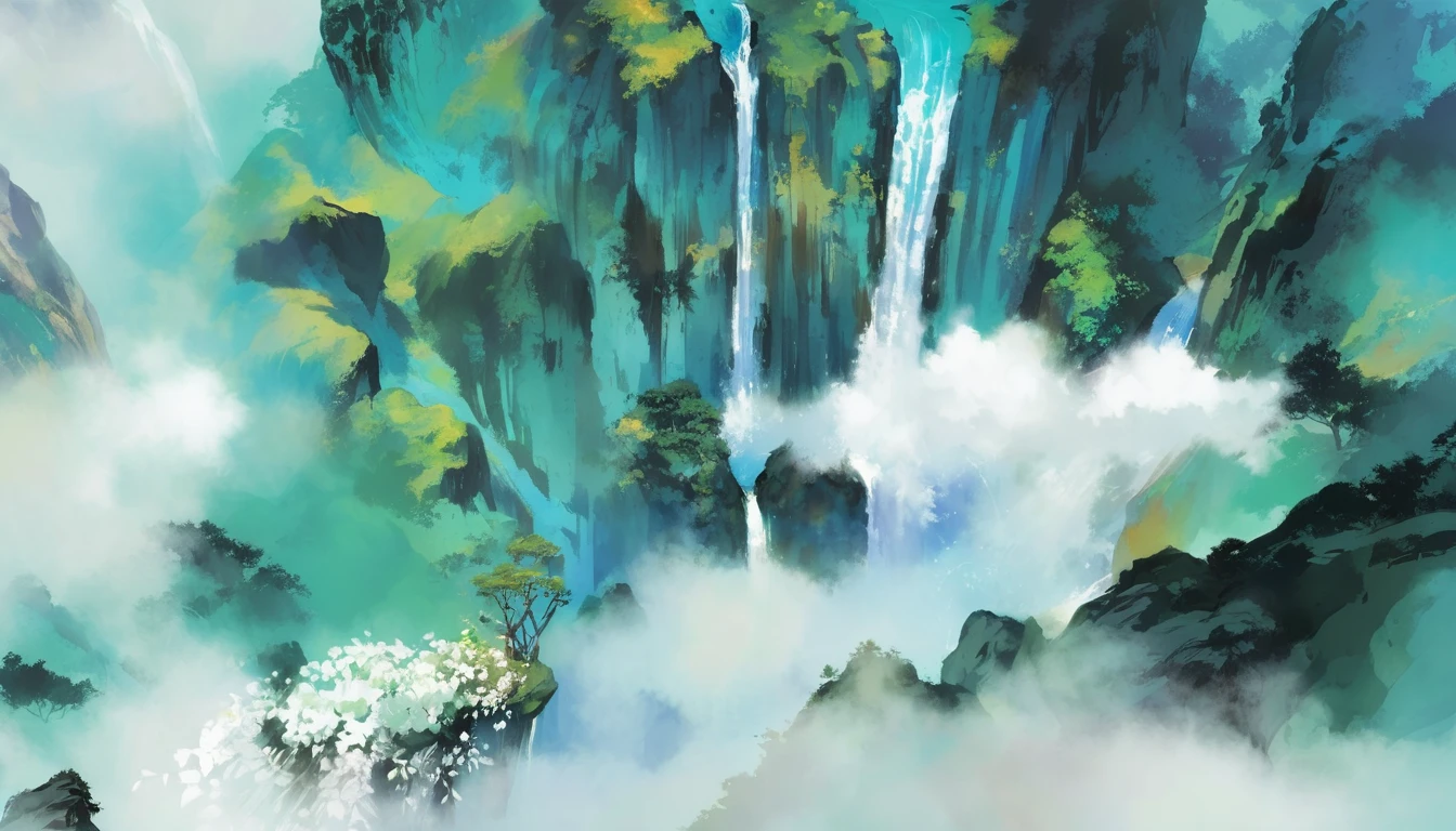 painting of a waterfall in a mountain with a bird flying over it, made with anime painter studio, painted in anime painter studio, anime landscape, watercolor digital painting, high detail digital painting, waterfall background, soft digital painting, (waterfall), dreamlike digital painting, fantasy water color, a beautiful artwork illustration, digital watercolor painting, detailed digital painting, waterfall