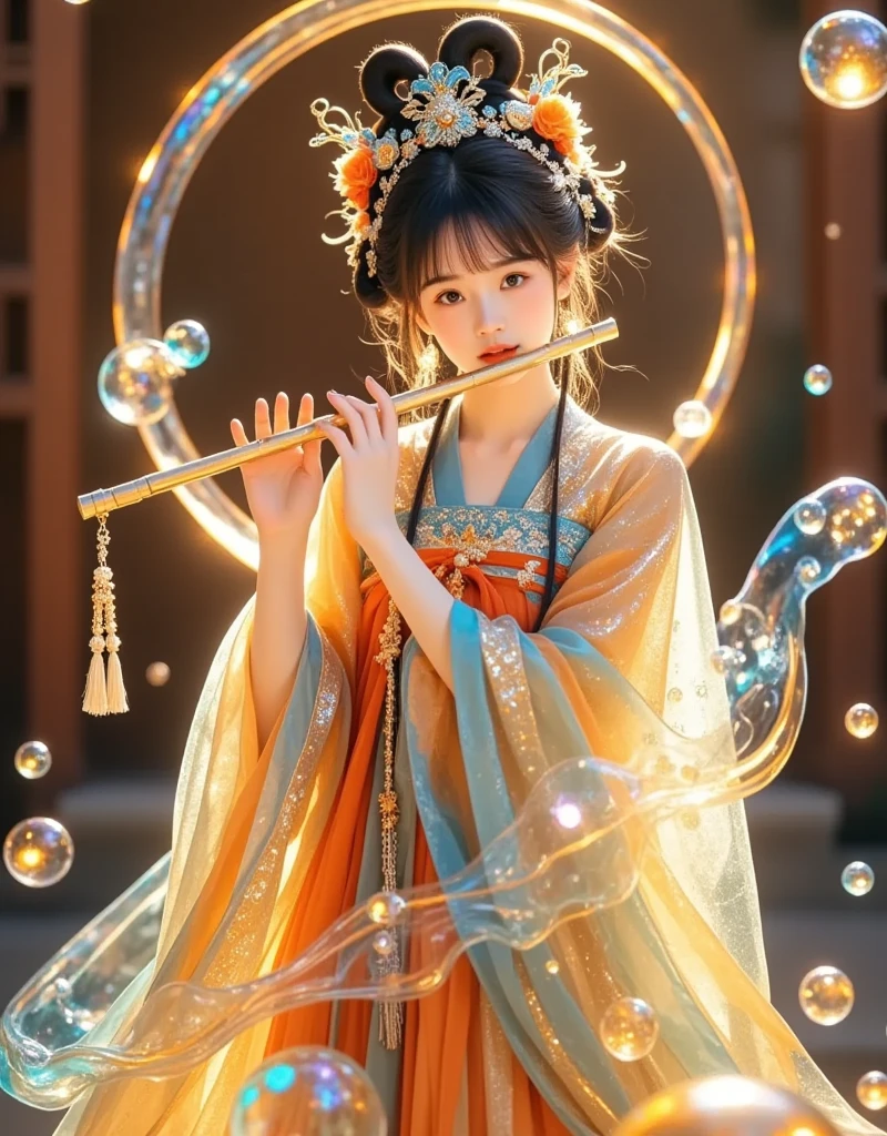 1girl, solo, playing a flute, shimmering hanfu girl, enveloped in liquid light elements, embodying kawaii aesthetics, reflecting a deep connection to the essence of Chinese culture and fairy tales. Intricate details weave together traditional Chinese themes with a whimsical, modern twist. A warm and vibrant sun-kissed color palette reveals a wondrous and dreamlike atmosphere, with a strong film grain texture, and an intensely rendered emotional ambiance. Rich in depth and layers, with enduring content power, in the style of erkindemir, 8k, ultra high definition, breathtaking details