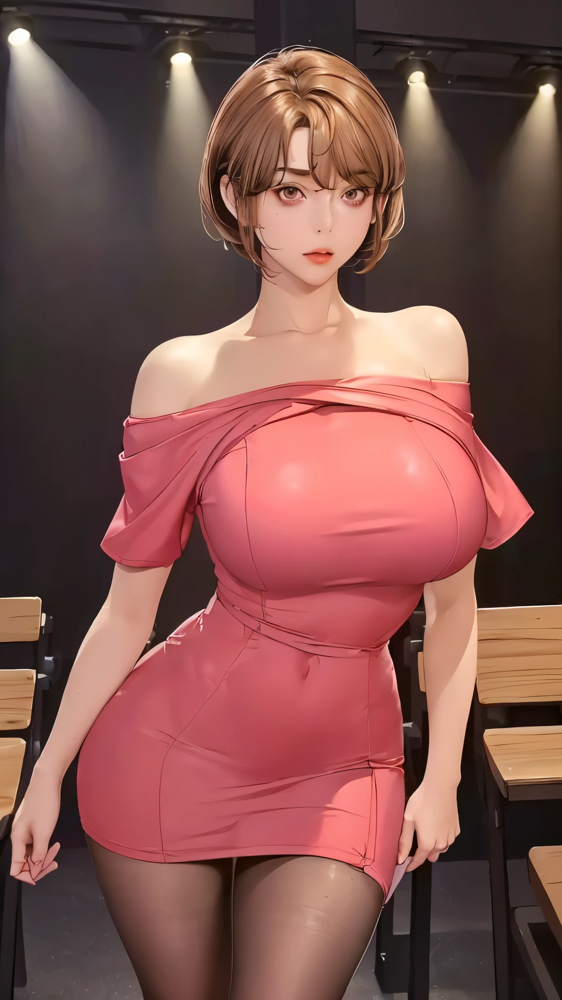 (（（figure，御姐figure,White and tender skin,（（（red hip wrap dress，Short sleeve，Off Shoulder，Black stockings）））,(（（Soridef，brown eyes，brown hair，short hair,））),，((masterpiece)), highres icon,((Best quality at best)),masterpiece,quality,Best quality,(（（  to the audience,Light in the eyes）））,Huge breasts,苗条figure,）））