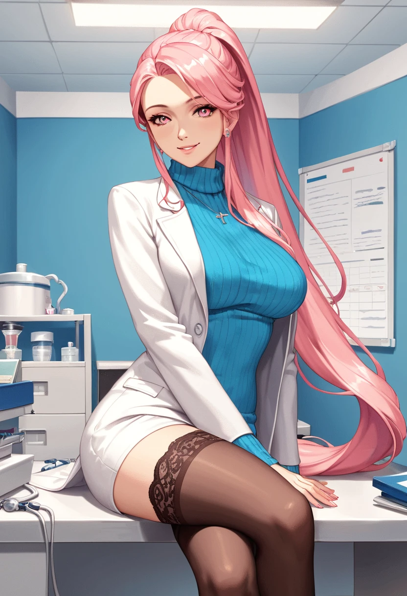 score_9, score_8, score_7, source_  animated, 1mature_FE, only 1 woman, smile,  Pink hair,  long ponytail hair ,  bright pink eyes , Apollo blue sweater ,  Long sweater , Doctor's white coat ,  black lace stockings, sitting on a stretcher, Back raised legs,  cross legs ,  background a hospital room, cuerpos perFEctos, erotic anatomy, anatomía perFEcta, Piernas perFEctas, Postura perFEcta, Ambient light.