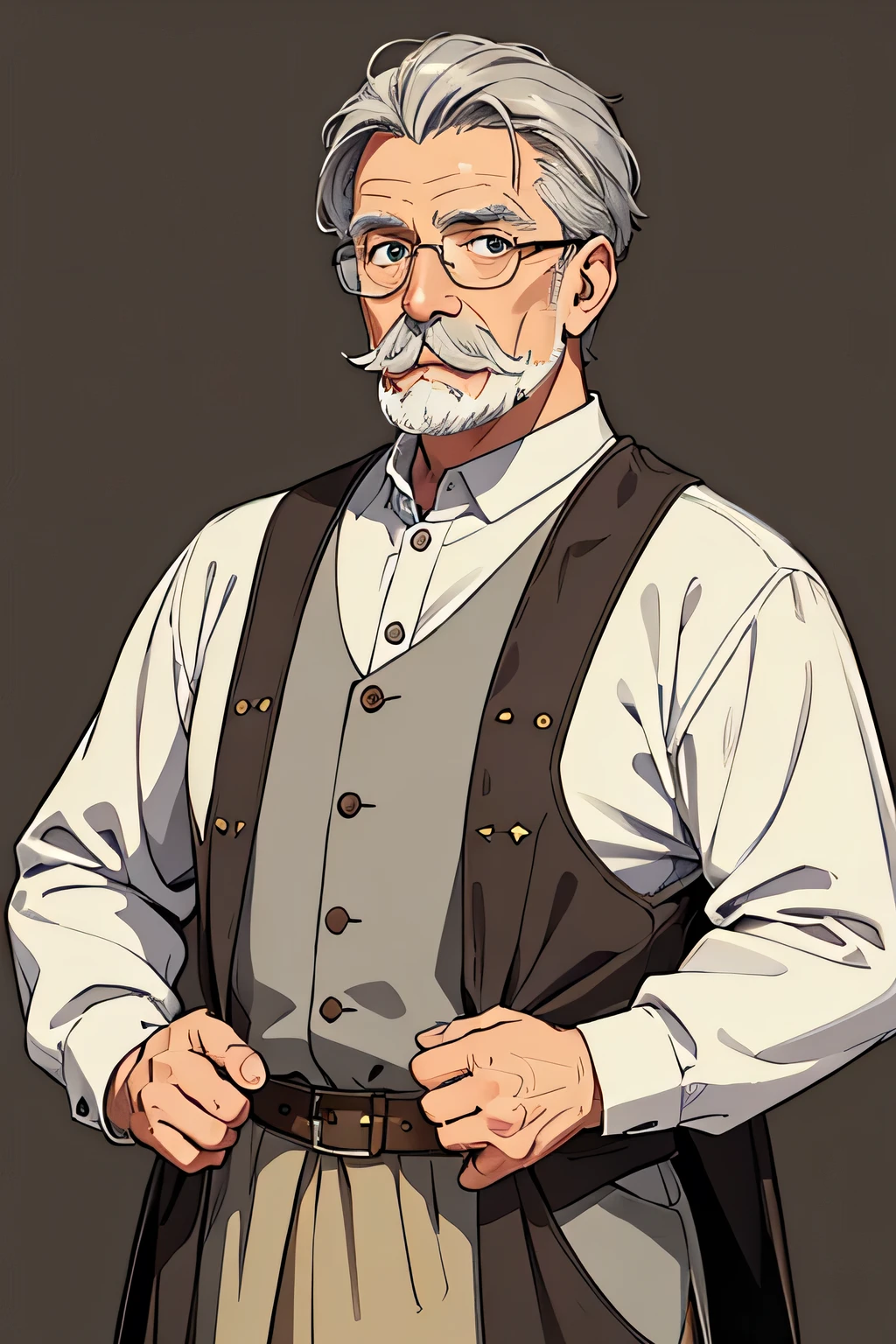 Old man with gray hair and mustache, His clothes are medieval and he wears glasses