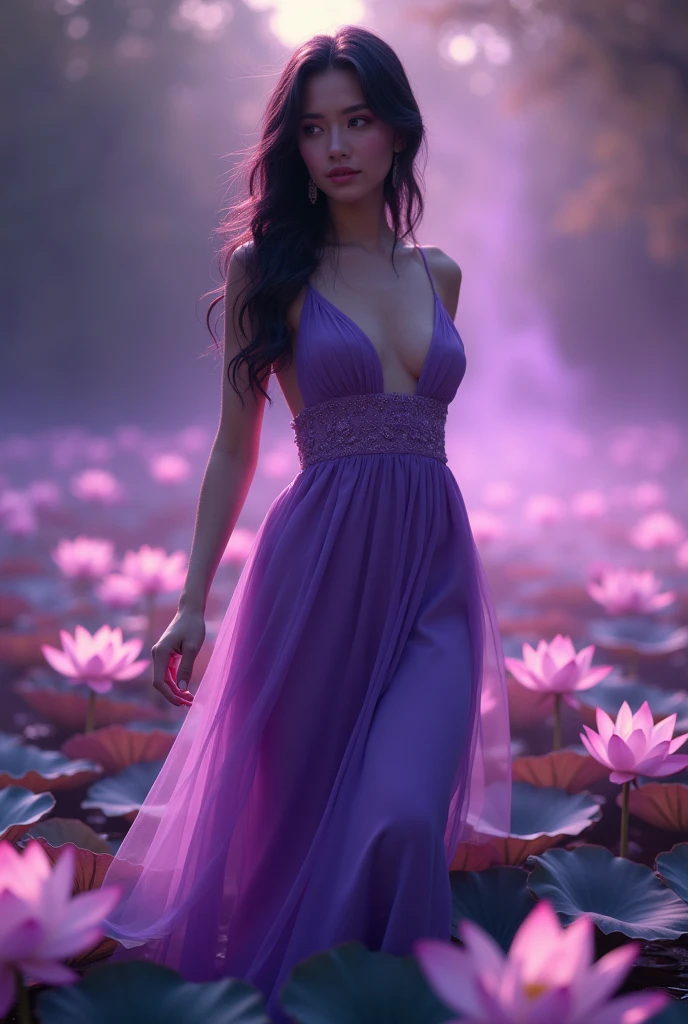 Woman ((English)) 20 year,skin fair,sparkling green eyes,dark purple hair,wearing a long purple transparent dress,stepped on several lotuses,She is serene,enarioposes,make-up,cinema image,品質,full body images,detailed,full body image,high resolution,Tuuli,tudo ao Tuuli,purple lighting,Tuuli balança seus cabelos e roupas