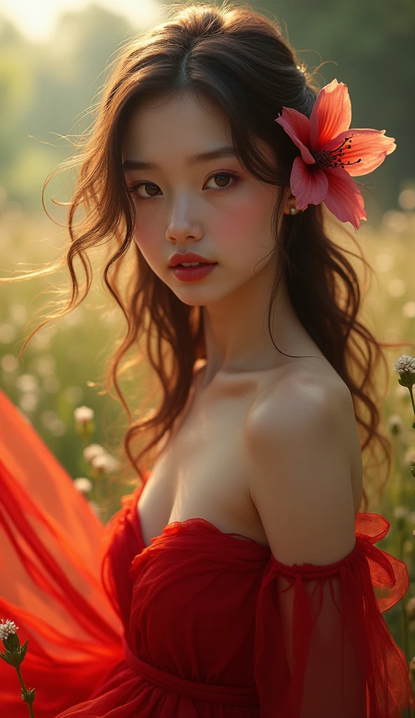 (8K、top-quality、masterpiece:1.2)、(8K、top-quality、masterpiece:1.2)、dark themed、(top-quality、masterpiece:1.2)、20 year old girl wearing a ruined feather dress、(Confusion of red flowers in the background:1.3)、Beautie、korean temple