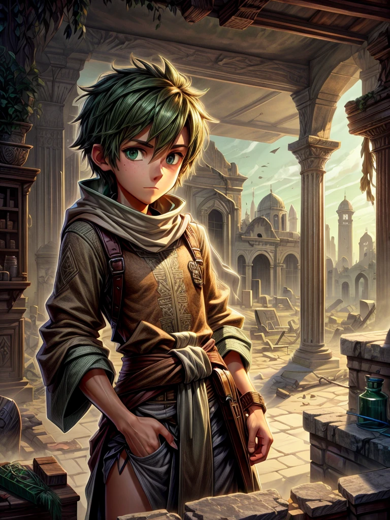 Detailed 8k male merchant with brown relic backpack emerald robe covering the body(from the waist up)What is located inside the ruins inside the ruins 