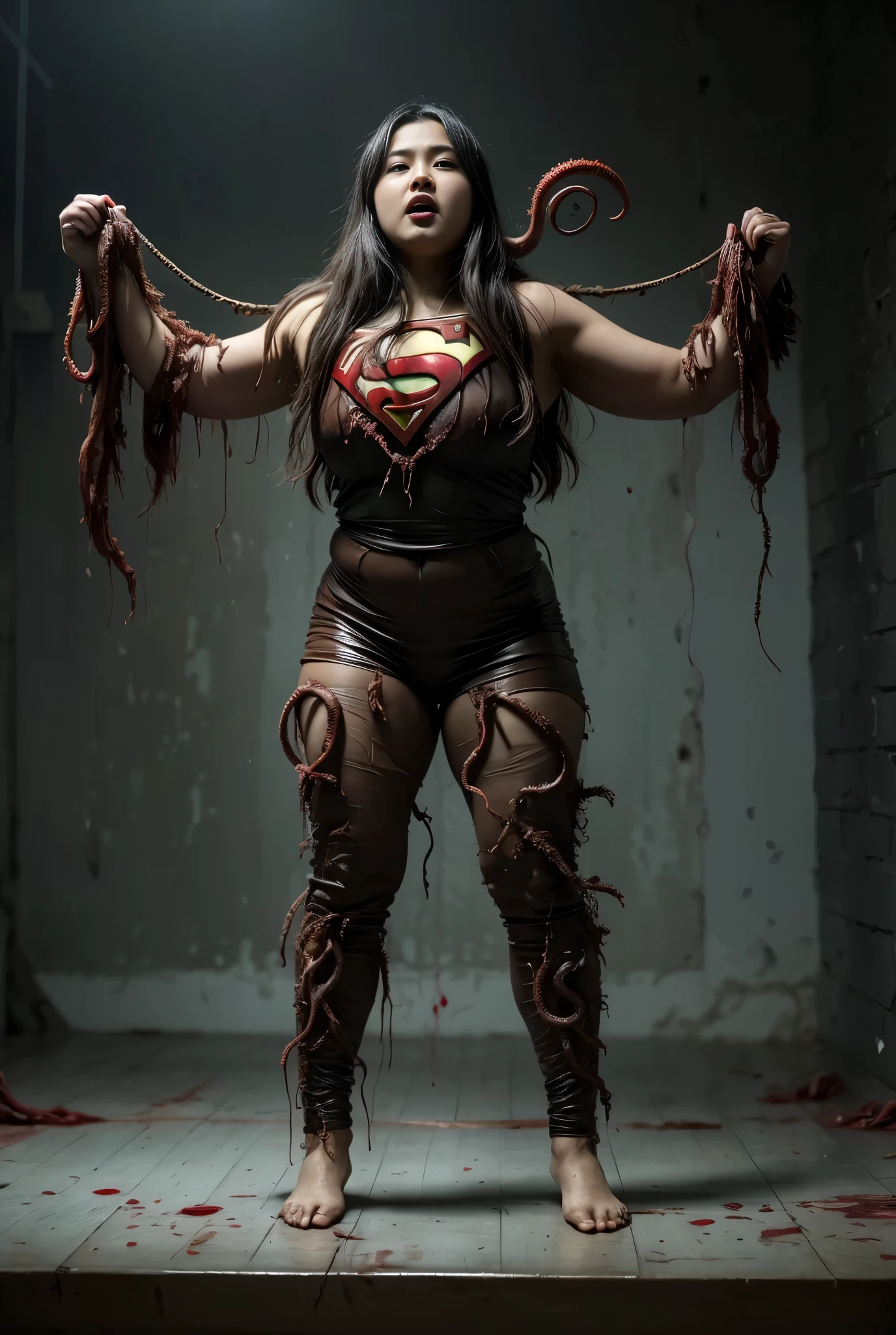 whole body、always Bloody、Bloody、Bloody、  best image quality、masterpiece、8k、Wack、Strongest、 cruel、 monster、 killer ghost 、Wrestler、logic骨格々、logic、Face of fear、Extreme obesity、 Supergirl is hanging up with her tentacles、触手で締め上げる、