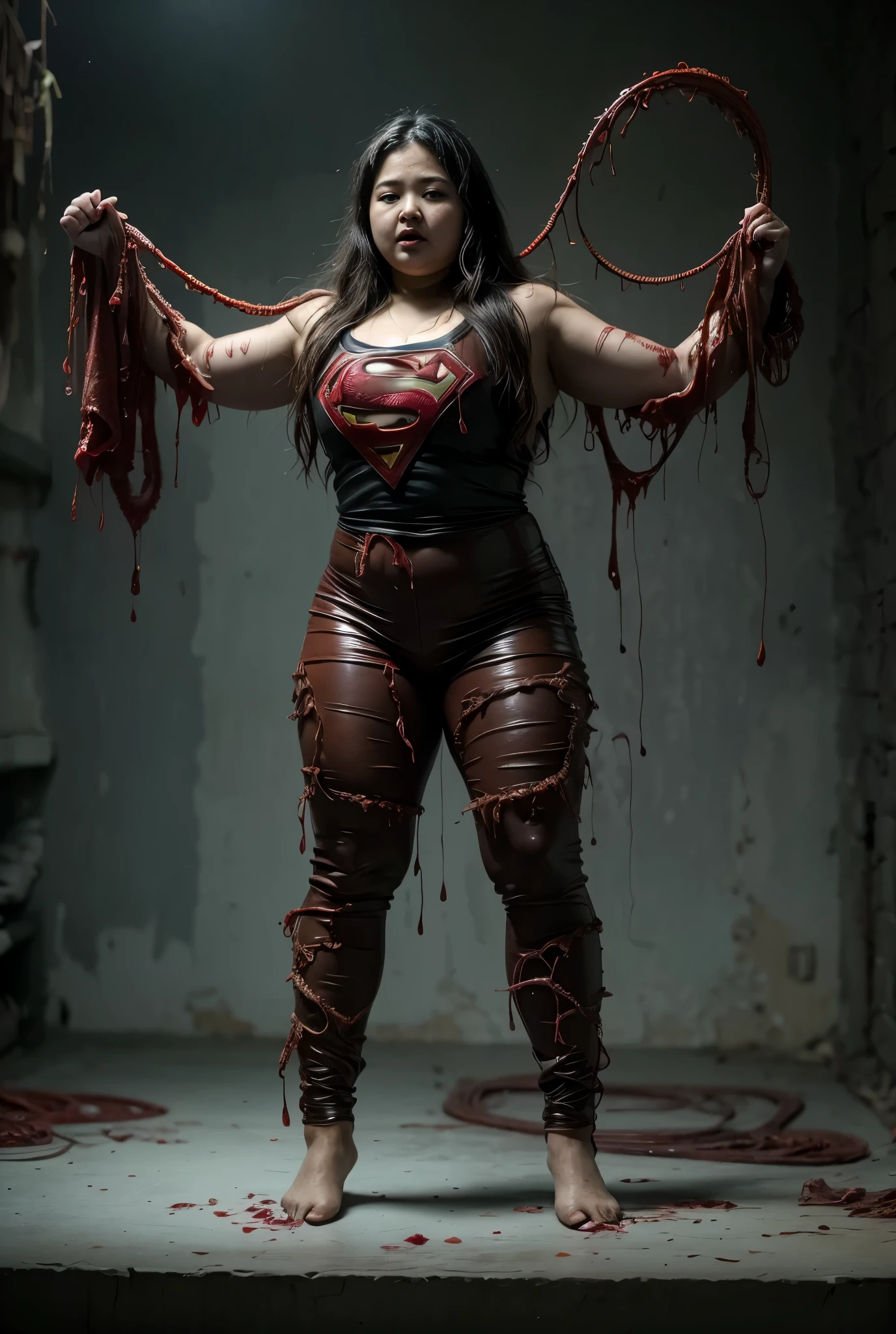 whole body、always Bloody、Bloody、Bloody、  best image quality、masterpiece、8k、Wack、Strongest、 cruel、 monster、 killer ghost 、Wrestler、logic骨格々、logic、Face of fear、Extreme obesity、 Supergirl is hanging up with her tentacles、Tighten up with tentacles、