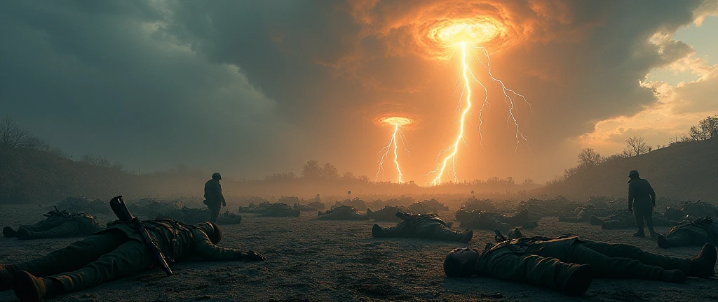Charred bodies torn apart by nuclear detonation in red-toned background
