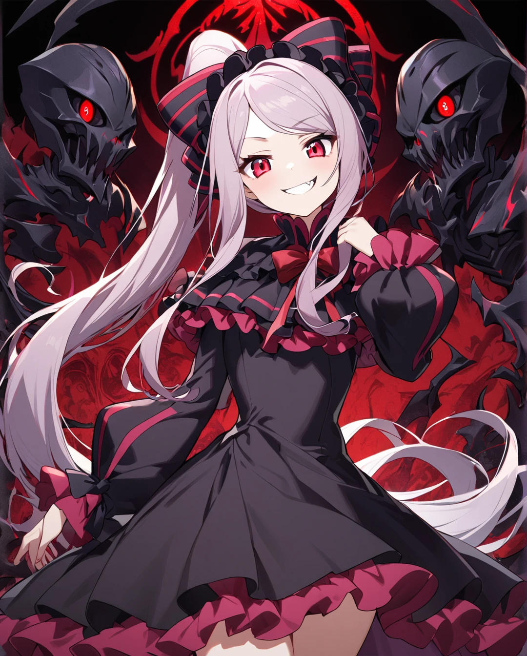 1girl,shalltear bloodfallen,long hair,ponytail,red eyes,(glowing eyes:0.5),bow,black dress,frilled dress,long sleeves,fang,cowboy shot,grin,looking at viewer,dark fantasy,ⅾark background 