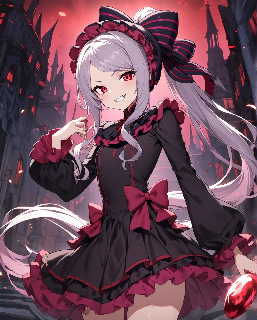 1girl,shalltear bloodfallen,long hair,ponytail,red eyes,(glowing eyes:0.5),bow,black dress,frilled dress,long sleeves,fang,cowboy shot,grin,looking at viewer,dark fantasy,ⅾark background 