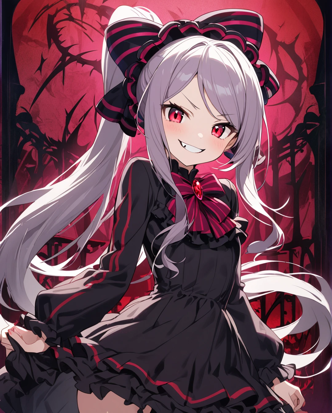 1girl,shalltear bloodfallen,long hair,ponytail,red eyes,(glowing eyes:0.5),bow,black dress,frilled dress,long sleeves,fang,cowboy shot,grin,looking at viewer,dark fantasy,ⅾark background 